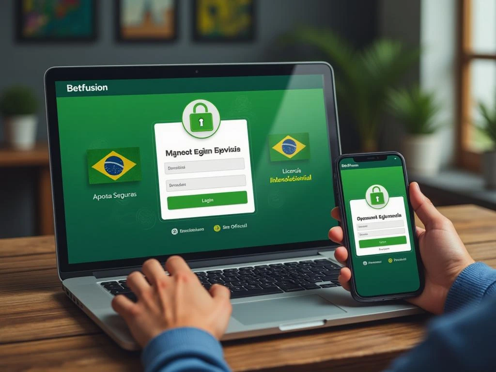 Usuário brasileiro acessando com segurança o site oficial da Betfusion pelo celular e notebook com ícones de proteção e legalidade visíveis